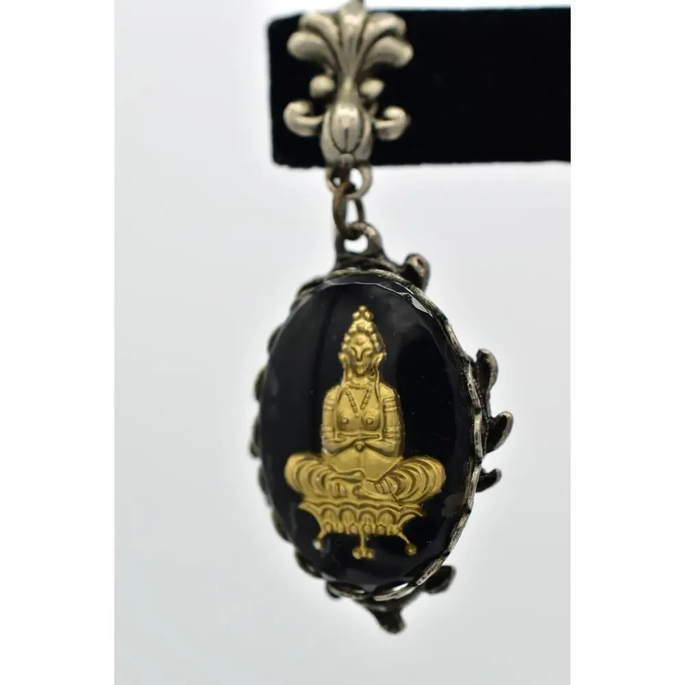 Vintage Buddha Screw Back Earrings Antiqued Silver Glass Gold Dangle 1930s BinBK